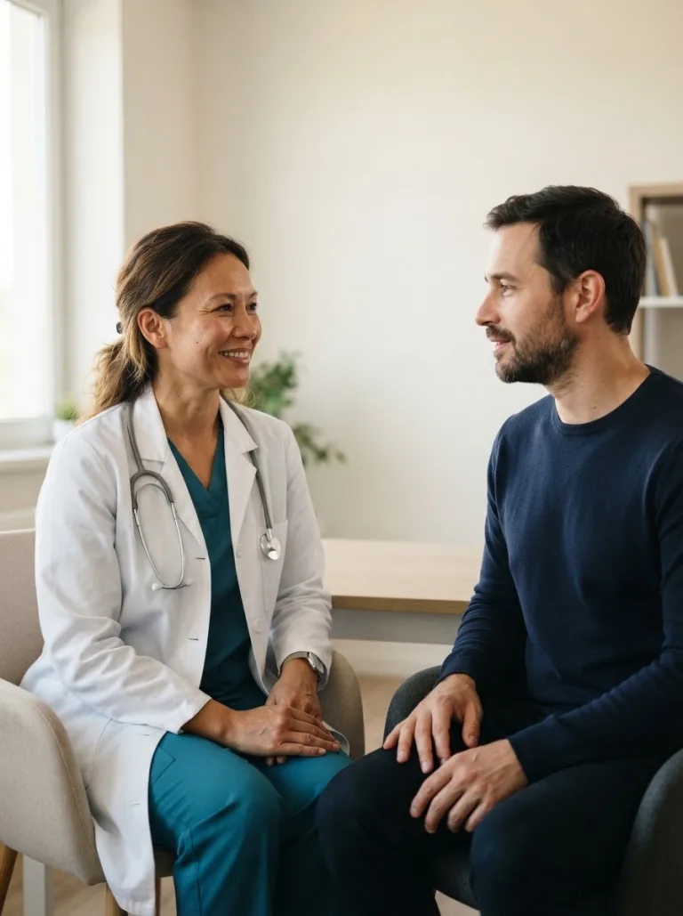 An attractive illustrative unnamed woman physician around 32 to 40 and one anonymous adult man visitor listens attentively during a calm seated consultation-style conversation
